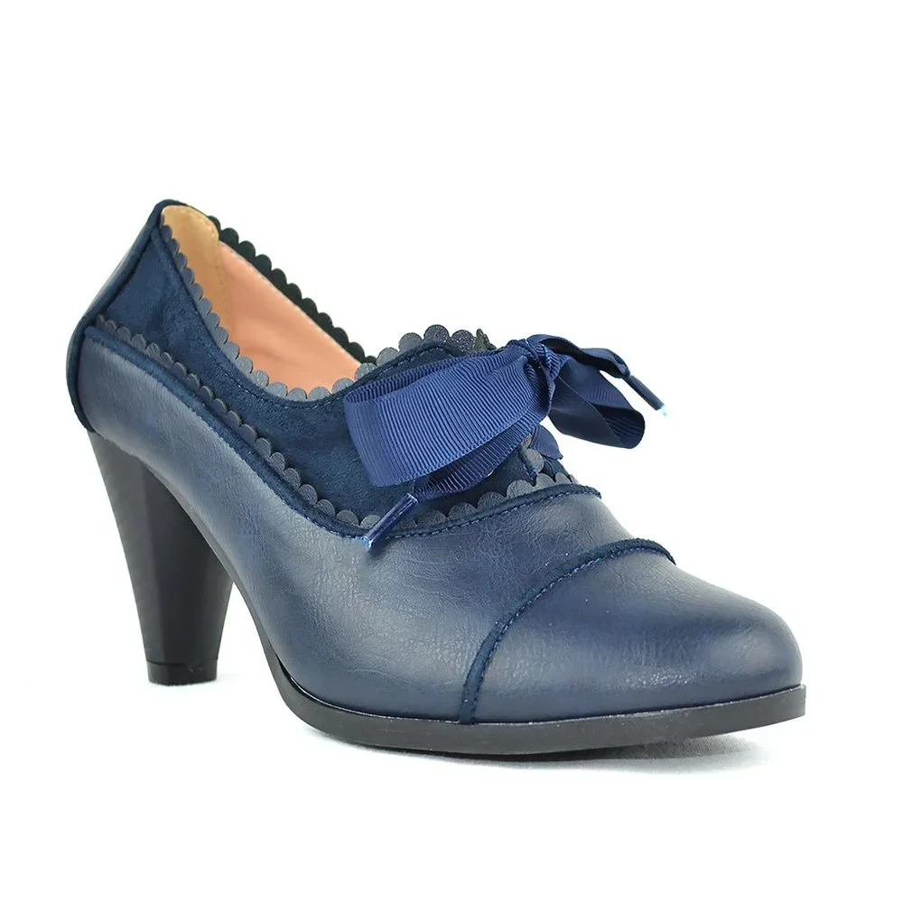 Chase & Chloe Women's Classic Lace Up Kitten Mid-Heel Round Toe Oxfords - Picture 2 of 4